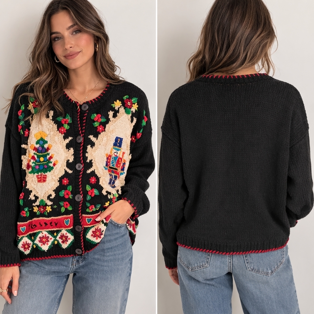 Vintage Beldoch Popper Christmas Cardigan Nutcracker Tree Embroidered Sweater M